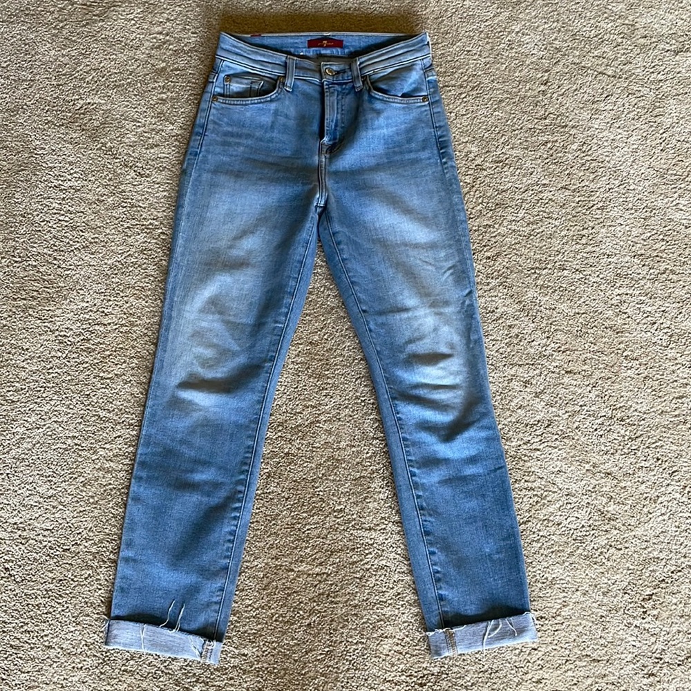 7 for all mankind high waist ankle skinny light wash distressed jeans sz 26
